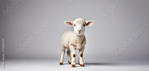  a white sheep standing on top of a white floor next to a black and white photo of it's lamb's head in the middle of the frame.