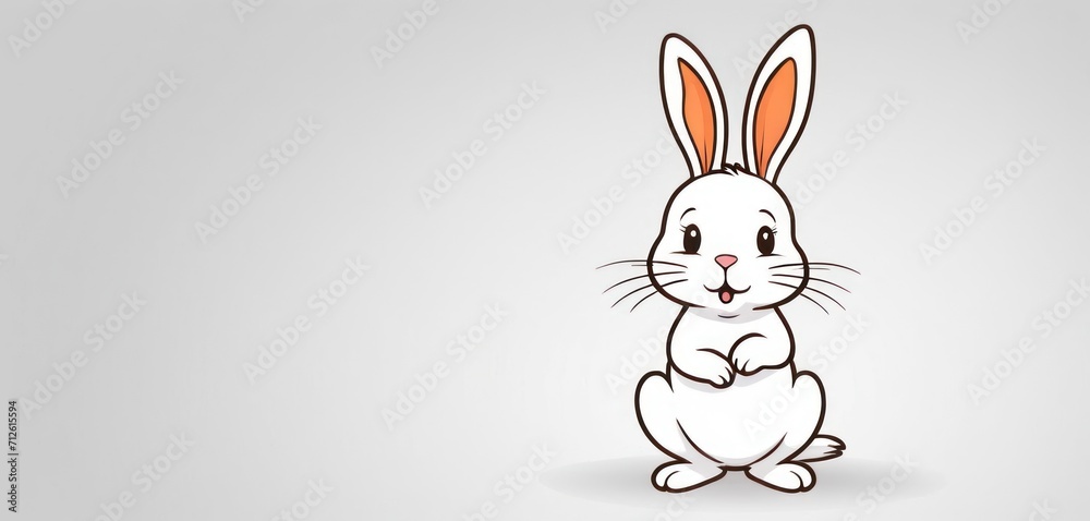  a white rabbit with orange ears sitting in the middle of it's legs, looking like it's holding a carrot in it's mouth, on a light gray background.
