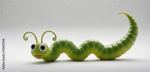  a green caterpillar with eyes and a smile on it s face  sitting on a white surface  with a gray back ground behind it is a white background.
