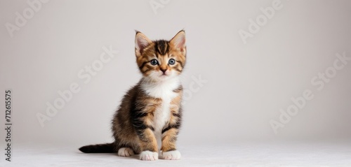  a brown and white kitten sitting on top of a white floor next to a white wall and looking at the camera with a curious look on it's face.