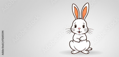  a white rabbit with orange ears sitting in the middle of it's legs, looking like it's holding a carrot in it's mouth, on a light gray background.