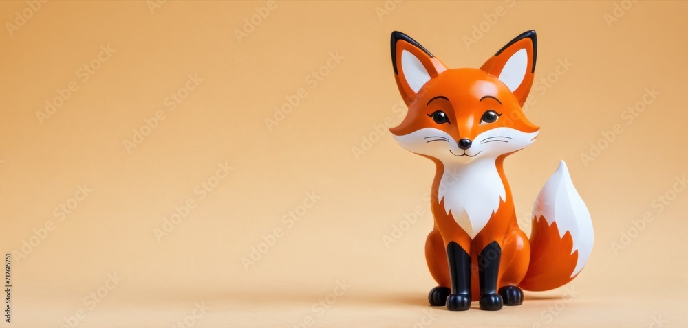 a close up of a figurine of a fox sitting on a table next to an orange background with a black outline on the face and bottom part of the figure of the fox. a close up of a figurine of a fox sitting on a table next to an orange background with a black outline on the face and bottom part of the figure of the fox.