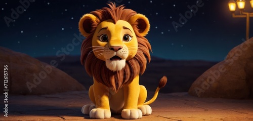  a cartoon lion sitting in the middle of a desert with a street light in the background and a street light in the foreground with a full moon and stars in the sky.