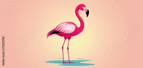  a pink flamingo standing in the water with its head turned to look like it has a long neck and legs  with a pink background with a light pink.