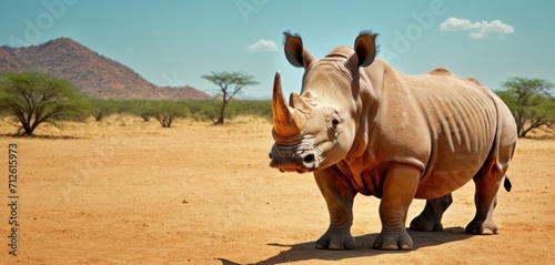  a rhino standing in the middle of a dirt field with a mountain in the back ground and trees on the other side of the field  and a blue sky in the background.