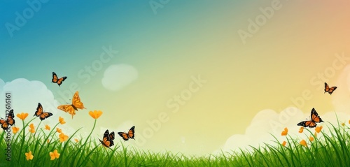  a grassy field with yellow flowers and a group of butterflies flying over the top of the grass on a sunny day with a blue sky and white clouds in the background.