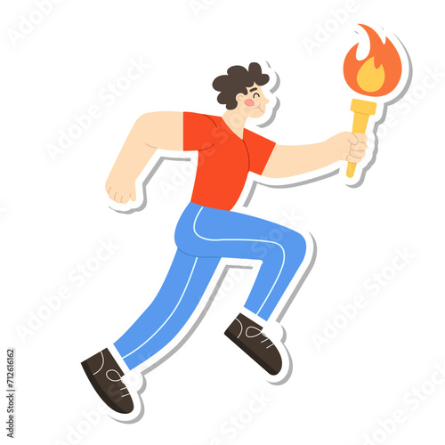 Sticker Man running marathon with olimpic torch. Vector illustration in modern flat style 