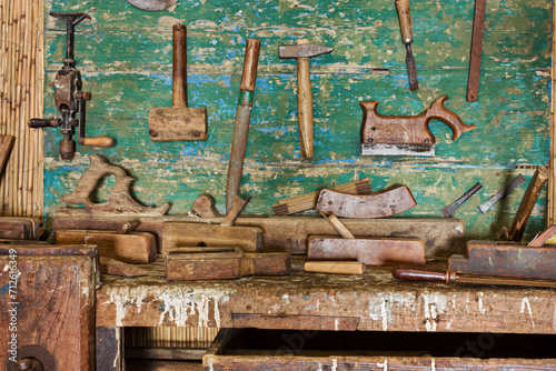 Woodworking hand tools of an old carpentry shop. Old craftsman workshop bench with carpenter equipment