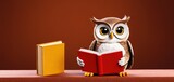 an owl is reading a red book next to a yellow book on a red and orange tablecloth with a red book in front of it and a red background.