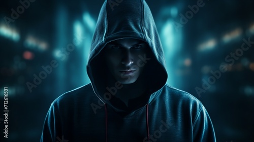 A young man in a dark hoodie looking at the camera with a serious expression