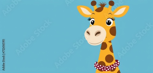  a cartoon giraffe with a polka dot ribbon around it s neck  looking at the camera  with a blue sky behind it is a blue background.