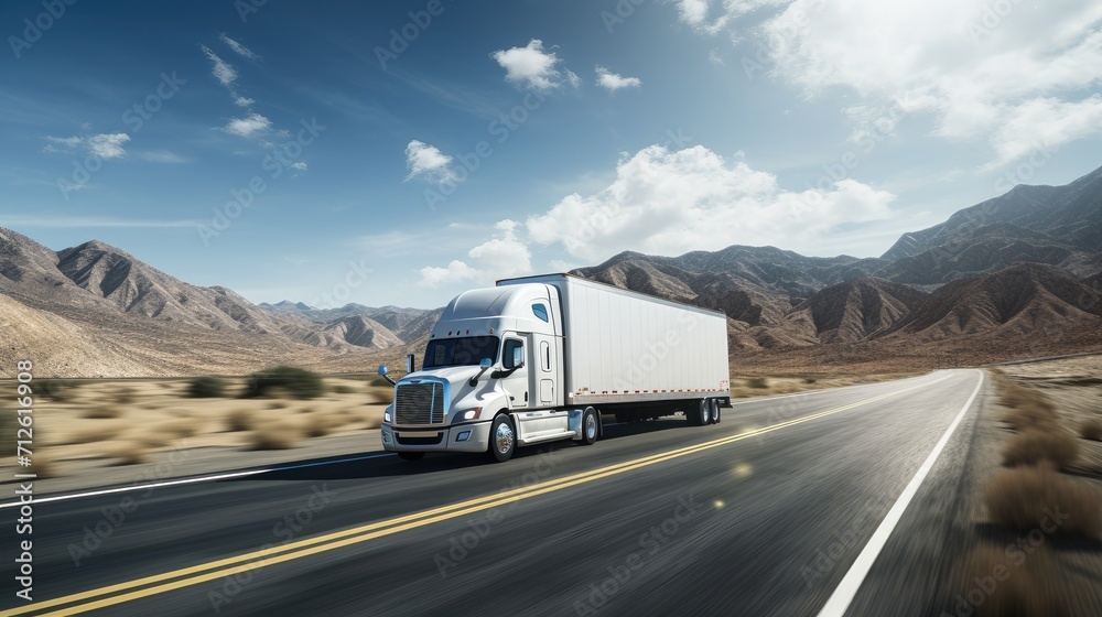 white truck or semi moving along the highway. Panning is used to emphasize the sense of speed and movement,