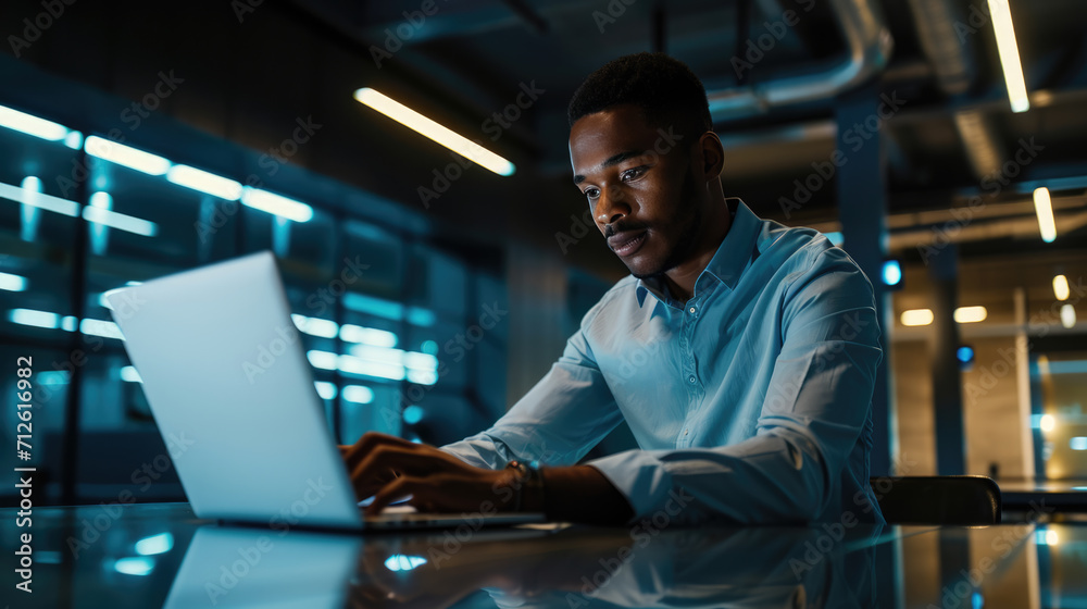 Man smiling while working on a laptop in a modern office environment Man smiling while working on a laptop in a modern office environment