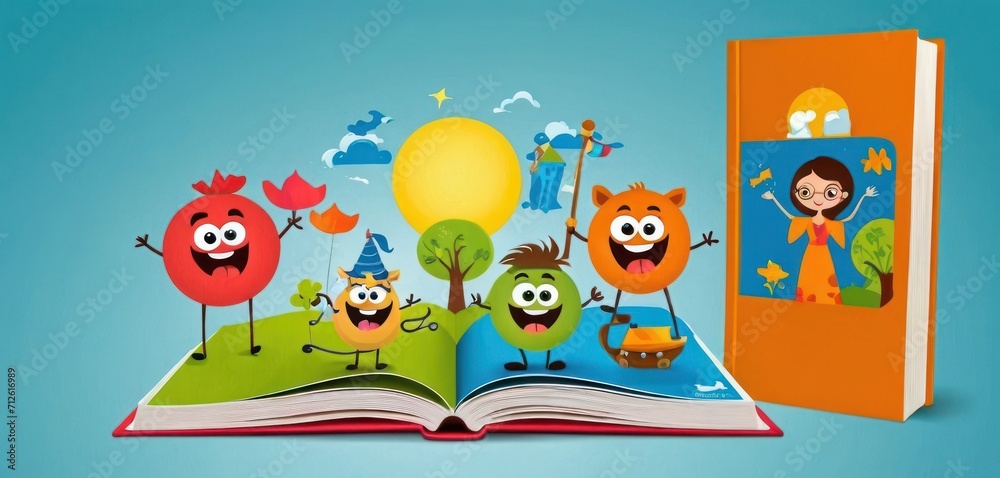 an open book with cartoon characters on it next to an open book with a picture of a girl and two birds on it and an orange bookmark on a blue background. an open book with cartoon characters on it next to an open book with a picture of a girl and two birds on it and an orange bookmark on a blue background.