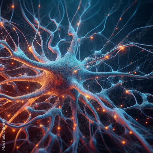 Neural network  neurons  macro  real  detailed  blue and orange vibrant colors