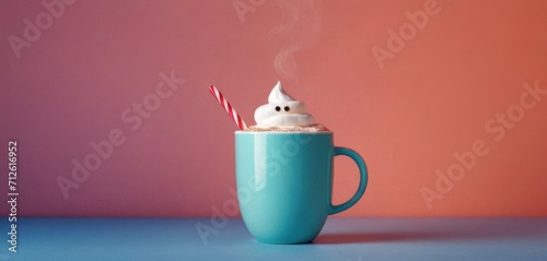  a cup of hot chocolate with marshmallows and a marshmallow on top, with a candy cane sticking out of it, on a blue surface with a pink background.