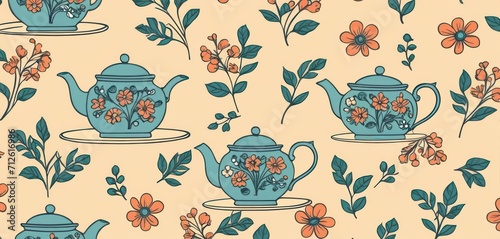  a pattern of teapots and teacups with flowers and leaves on a beige background with orange, blue, and pink flowers on a light yellow background.