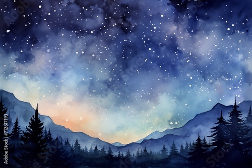 watercolor of the night sky and forest 