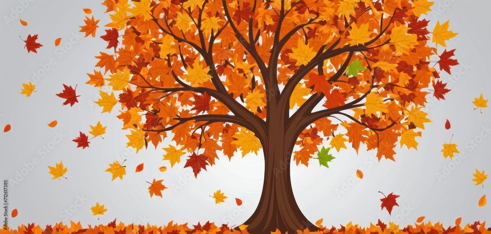 an autumn tree with falling leaves in the foreground and a blue sky in the background with a few white clouds in the backgrould of the sky. an autumn tree with falling leaves in the foreground and a blue sky in the background with a few white clouds in the backgrould of the sky.