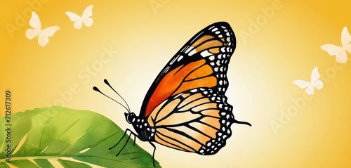  a painting of a monarch butterfly on a green leaf with white butterflies flying in the sky in the background, on a yellow and yellow background with a white border.