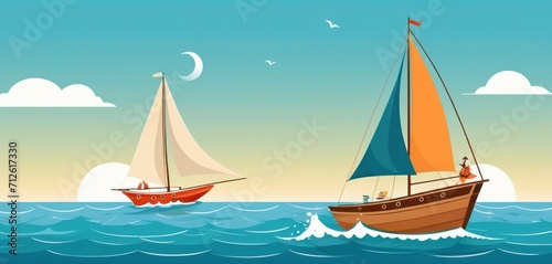  a couple of boats floating on top of a body of water next to each other on top of a body of water with a moon in the sky behind them.