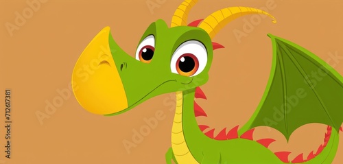  a green and yellow dragon with big eyes and a big smile on it's face, standing in front of a brown background with a light brown back ground. © Jevjenijs