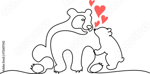 Continuous one line drawing. Bear with baby cub. Vector illustration