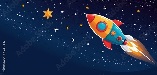  a red and blue rocket ship flying through the night sky with stars on the sides of the sky and in the foreground is a blue sky with white and yellow stars.