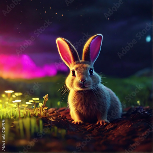 Rabbit is sitting in field of grass and flowers