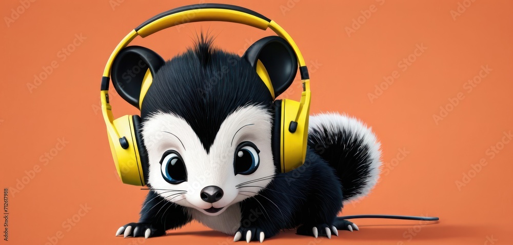  a black and white animal wearing headphones and a pair of yellow headphones on it's face, sitting on an orange surface, with an orange background.