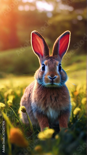 Rabbit is sitting in field of grass and flowers