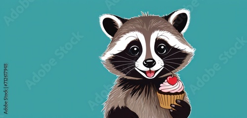  a painting of a raccoon holding a cupcake with a cherry in it's mouth and holding a cupcake with a cherry in it's hand. © Jevjenijs