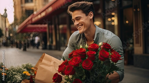 the interaction of a handsome man and a bouquet of flowers  emphasizing the authenticity of expressions and emotions  demonstrating the most sincere moments of flower delivery