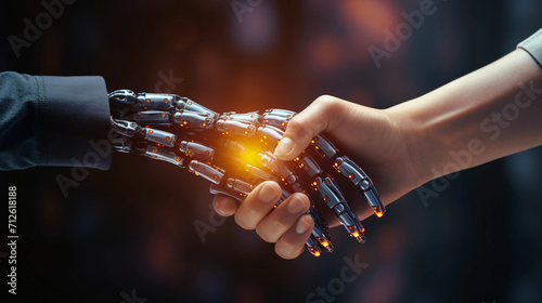 Handshake between futuristic cyborg robot and human hands. Future and communication concept. Robot and Man Shaking Hands close up.  © Johannes