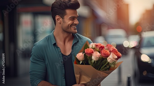 the interaction of a handsome man and a bouquet of flowers, emphasizing the authenticity of expressions and emotions, demonstrating the most sincere moments of flower delivery
