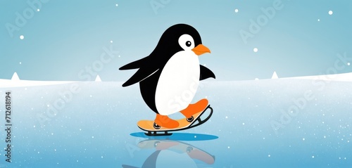  a penguin is riding on a sled in the middle of a snow covered landscape with ice flakes on the ground and a blue sky with white snowflakes.