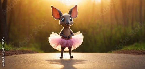  a little mouse in a pink tutu is standing on a road in the middle of a forest with the sun shining down on the trees and grass in the background.