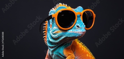  a close up of a lizard wearing a pair of orange sunglasses and a blue and orange lizard's head with sunglasses on it's head, against a black background. photo