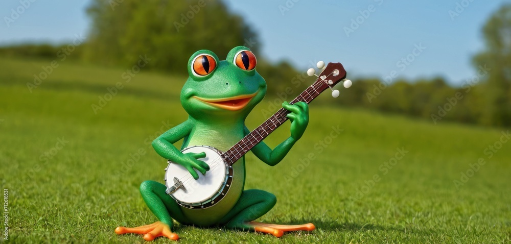  a frog playing a ukulele in a field of green grass with trees in the background and a blue sky in the foreground with a blue sky in the foreground.