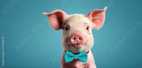  a small pig wearing a bow tie and looking at the camera with a surprised look on its face, on a blue background, with a spotty background of blue.