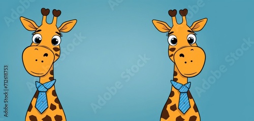  a couple of giraffe standing next to each other in front of a blue background with one giraffe wearing a blue tie and the other giraffe wearing a blue tie.