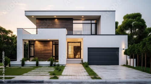 Modern white house with large windows, garage, and lush green trees. © Thanaphon