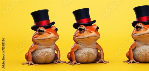  a frog wearing a top hat and standing next to another frog wearing a top hat and standing next to each other frog wearing a top hat and looking at the same.