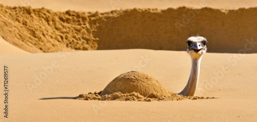  an ostrich standing in the sand with its head buried in a pile of sand in front of a wall of sand that has been built into the sand.