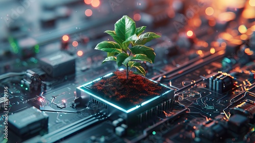 Tree growing on the converging point of computer circuit board. Green computing, technology, IT, CSR, and IT ethics. Concept of green technology. AI generated illustration photo