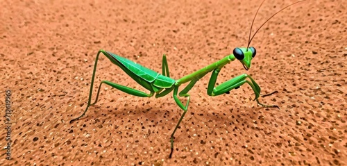  a close up of a green praying mantissa on a dirt ground with small holes in the ground to the left and right of the mantissafection of the praying mantissa. photo