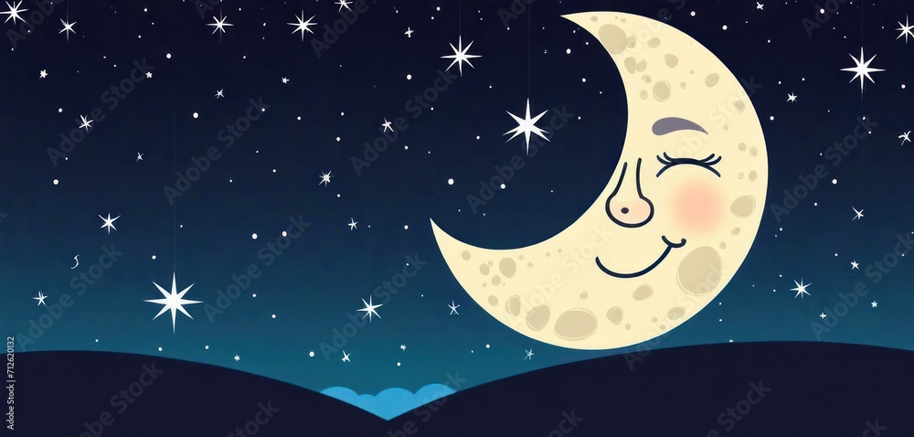a drawing of a crescent moon with stars in the night sky above it and a night sky with stars in the night sky, and a blue sky with white stars. a drawing of a crescent moon with stars in the night sky above it and a night sky with stars in the night sky, and a blue sky with white stars.