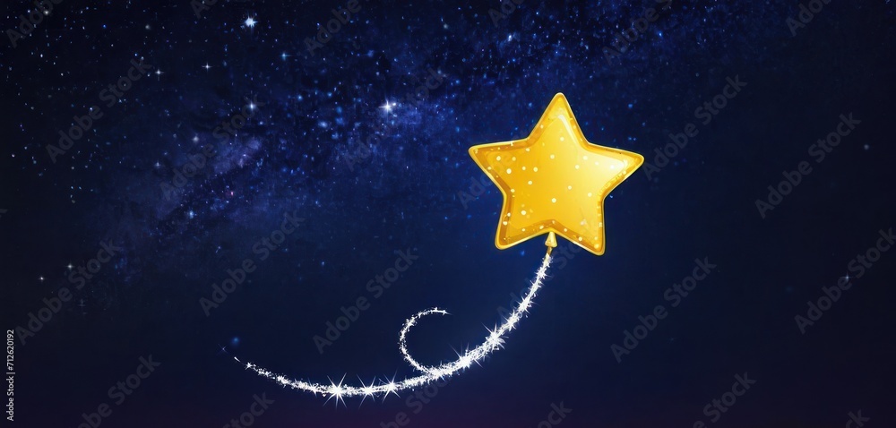  a yellow star flying through the air with a trail of smoke coming out of it's side, in the middle of a night sky with stars in the background.