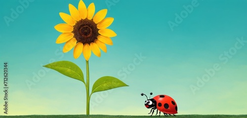  a painting of a sunflower and a ladybug on a green field with a blue sky in the background and a single sunflower in the foreground.