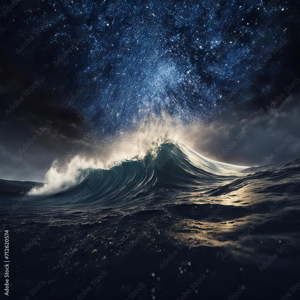 Wave in a storm against the backdrop of stars at night.